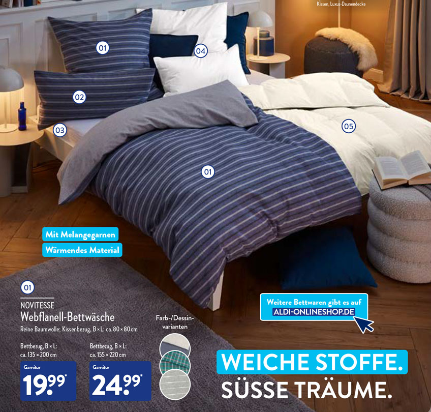 ALDI Bettwäsche: Biber-, Jersey- und Satin-Garnituren