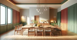 Geräumiges und elegantes Esszimmer im Shaker-Stil mit langem Esstisch aus edlem Holz, umgeben von minimalistischen Shaker-Stühlen in subtilen Farbtönen von Rot, Grün, Blau und einem Akzent von lebhaftem Gelb.