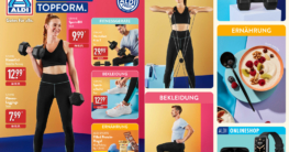 Werbeprospekt von ALDI mit Fitnessprodukten, darunter eine Frau mit Hantel, ein Mann mit Kurzhanteln, Fitnessbekleidung, Sportnahrung (Joghurt mit Früchten und Proteinriegel), sowie Fitnessgeräte wie ein Expander und eine Smartwatch.