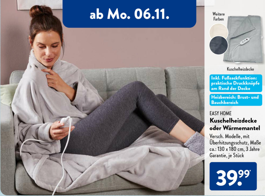 ALDI Süd Heizdecke, Heizkissen & Fußwärmer ab 6. November 2023