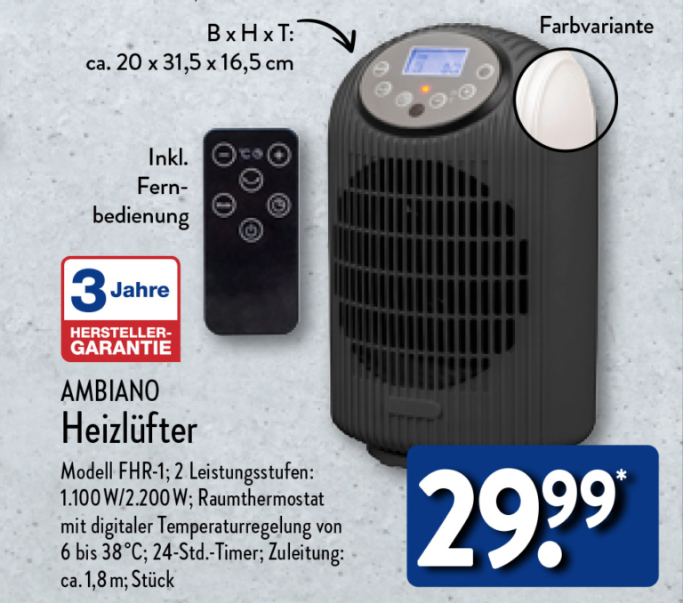 ALDI Heizlüfter AMBIANO FHR1 mit Fernbedienung 🎮 ab 6.11.2023