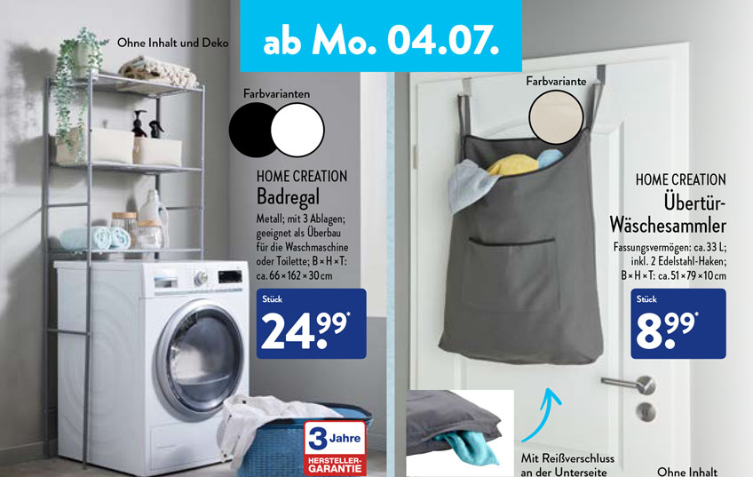 ALDI Nord Metall Badregal / Waschmaschinenüberbau und Wäschesammler ab 4. Juli 2022