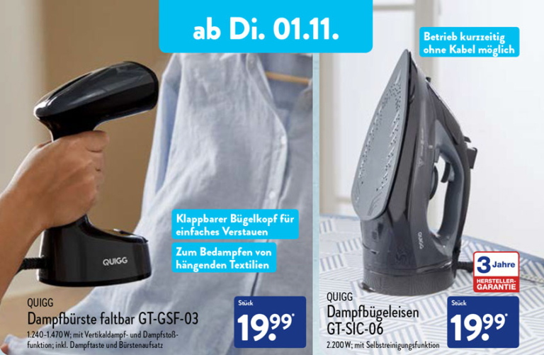 ALDI Nord QUIGG Dampfbügeleisen und Dampfbürste ab 01.11.2022