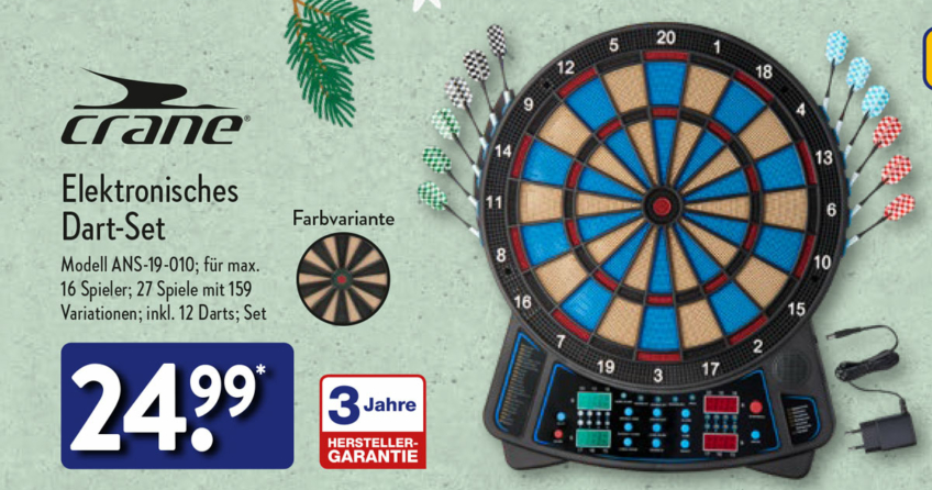 Elektronisches Dart-Set von Crane mit blau-roter Zielscheibe, 12 Pfeilen, Scoreboard und Netzteil, angeboten für 24,99 Euro mit 3 Jahren Garantie.