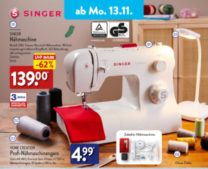 Werbung für SINGER Nähmaschine Modell 2282 und HOME CREATION Profi-Nähmaschinengarn, verfügbar ab 13.11.
