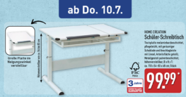 ALDI Nord Angebot ab dem 10. Juli 2025: Weißer höhenverstellbarer Schreibtisch mit neigbarer Platte und Schublade