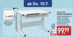 ALDI Kinderschreibtisch / Schülerschreibtisch 9 ALDI Nord Angebot ab dem 10. Juli 2025: Weißer höhenverstellbarer Schreibtisch mit neigbarer Platte und Schublade