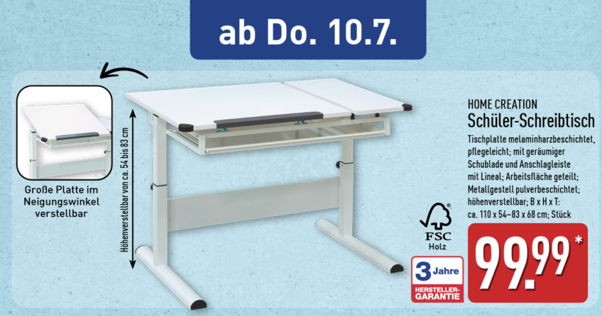 ALDI Nord Angebot ab dem 10. Juli 2025: Weißer höhenverstellbarer Schreibtisch mit neigbarer Platte und Schublade