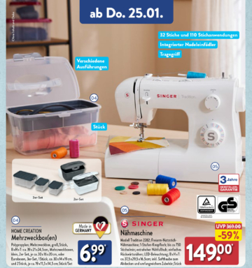 ALDI Freiarm und Overlock Nähmaschine von Singer ab 25.01.2024
