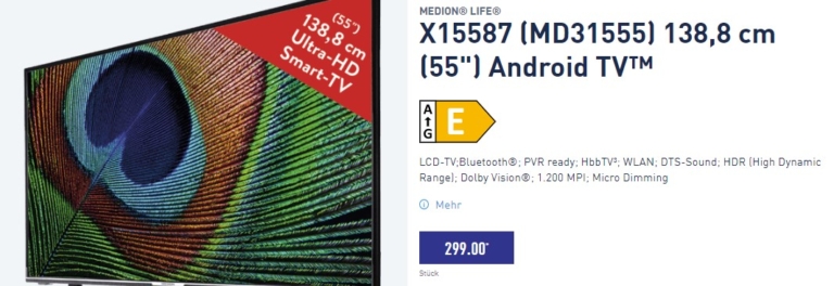 ALDI Nord 55 Zoll Smart TV Fernseher MEDION LIFE X15587 ab 2.2.2023