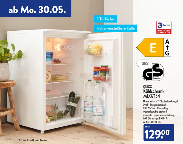 ALDI Nord Kühlschrank MD37154 von Quigg ab 30. Mai 2022 im Angebot