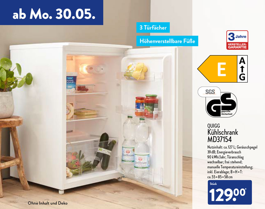 ALDI Nord Kühlschrank MD37154 von Quigg ab 30. Mai 2022 im Angebot