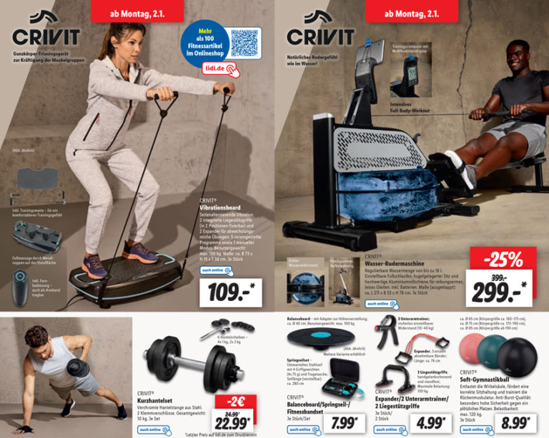 Lidl Fitnessprodukte ab 02. Januar 2023 Rudermaschine uvm.